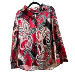 Chico's Red, Black, and Tan  Paisley Collar No Iron Button Down Top